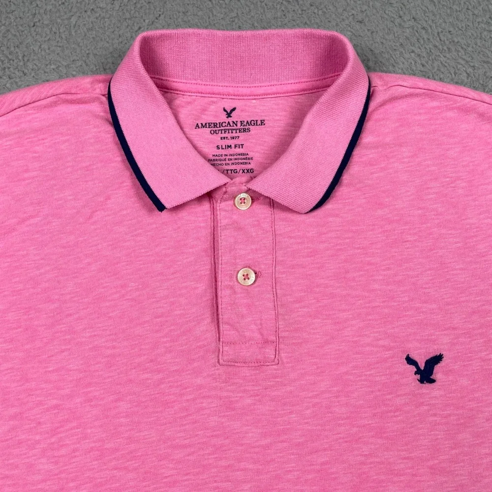 American Eagle Slim Fit Polo Shirt Mens XXL Pink Navy Tipped Slub Cotton Blend‎